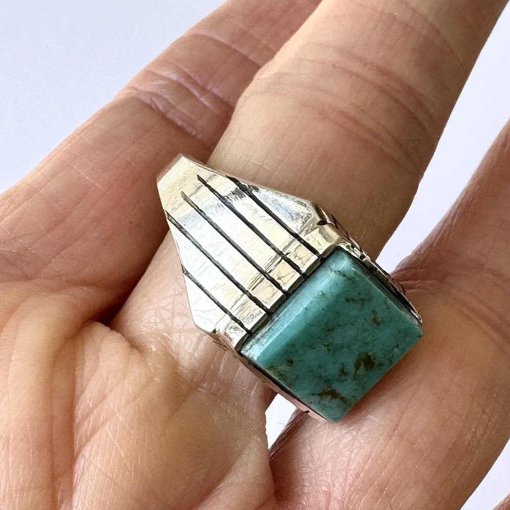 Navajo Turquoise Mens Ring Sz 13 Rectangle Signed Jack Sterling 14mm